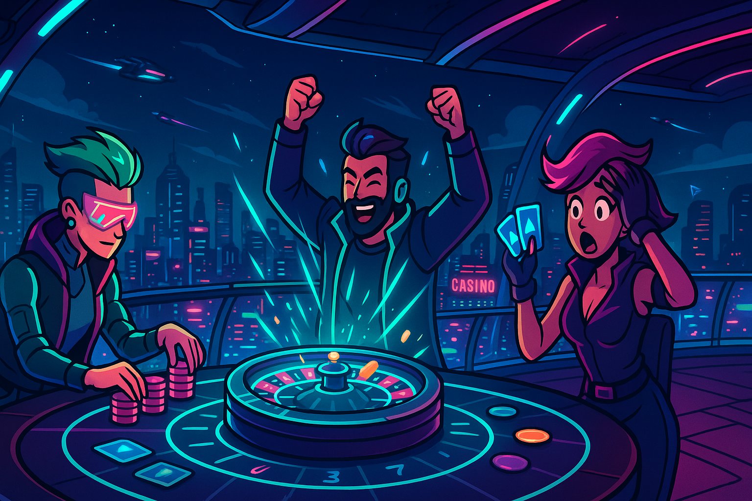 Slot-style reels and themed casino visuals with responsible limit reminders